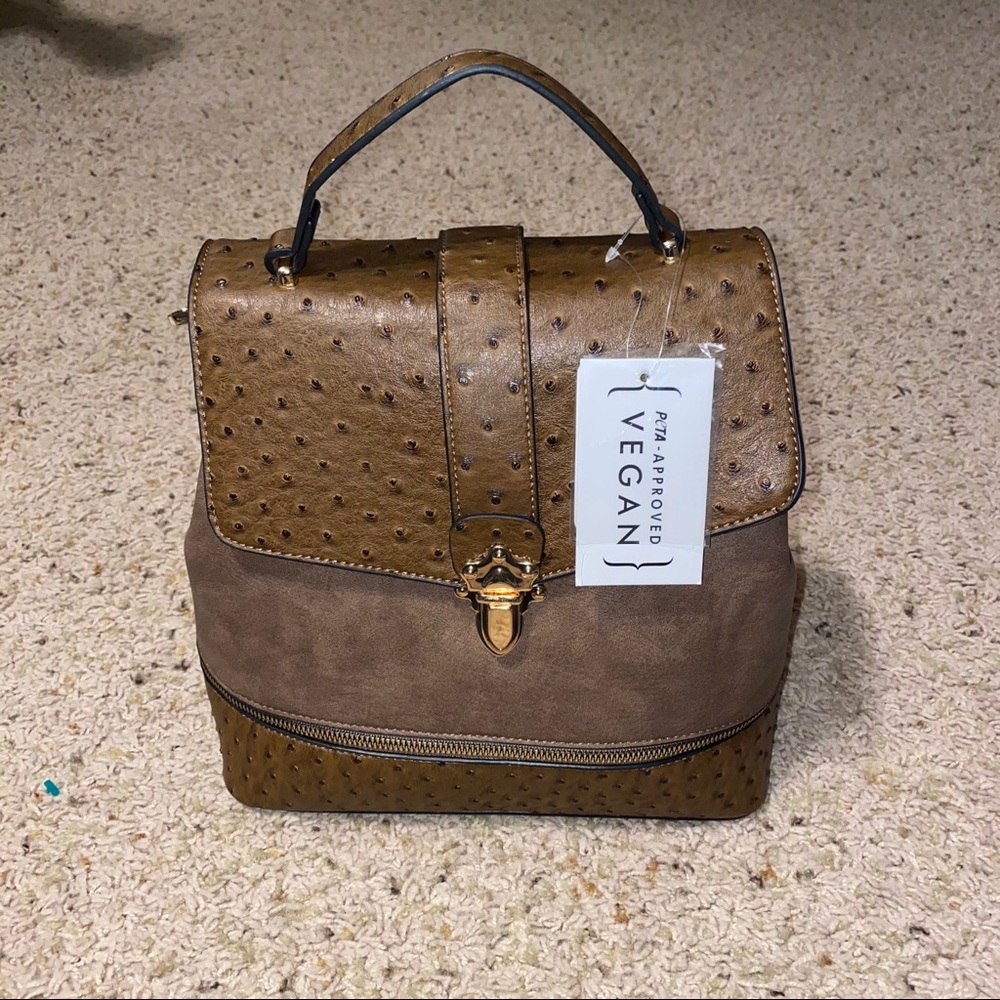 KHAKI OSTRICH VEGAN BACKPACK PURSE - Picture 2 of 10